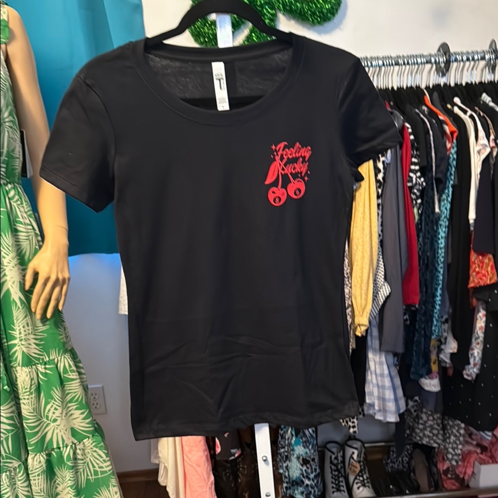 Black Tee with Red Cherry Design "Feeling Lucky" Various Sizes NWOT Graphic T